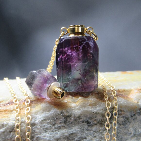 Gemstone Perfume Bottle, Rainbow Fluorite and Brass - Picture 2 of 5